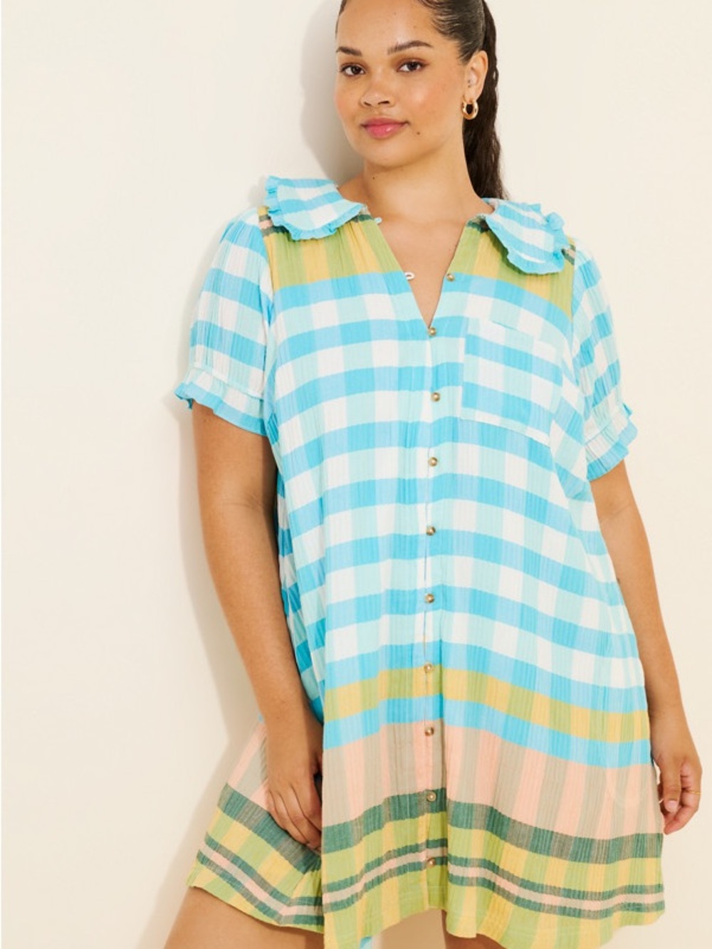 Anthropologie Pilcro KIARA Mini Dress Size L NWOT Turquoise White Gingham